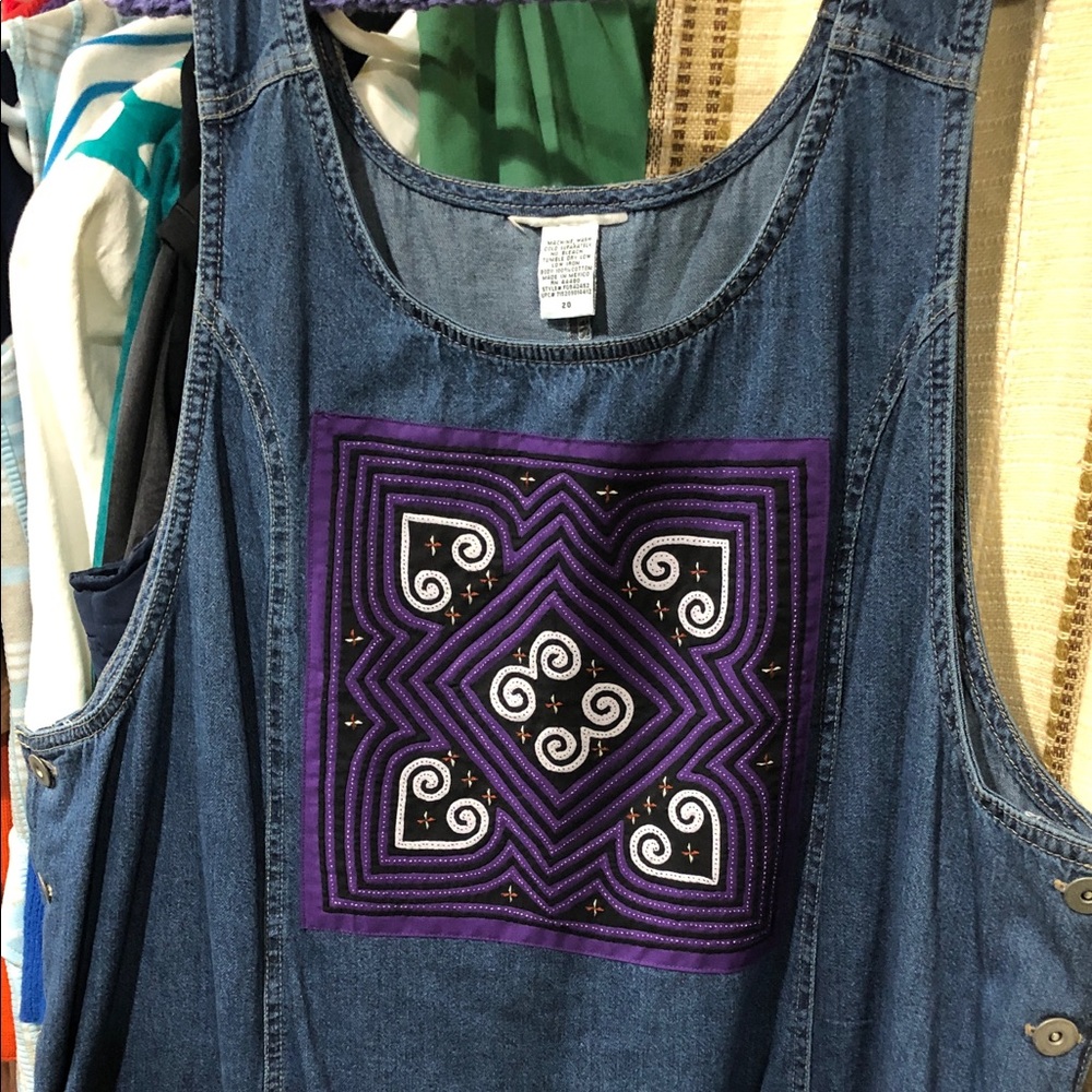 💜 Vintage Blue Denim Dress with handmade quilted squares in purple and black